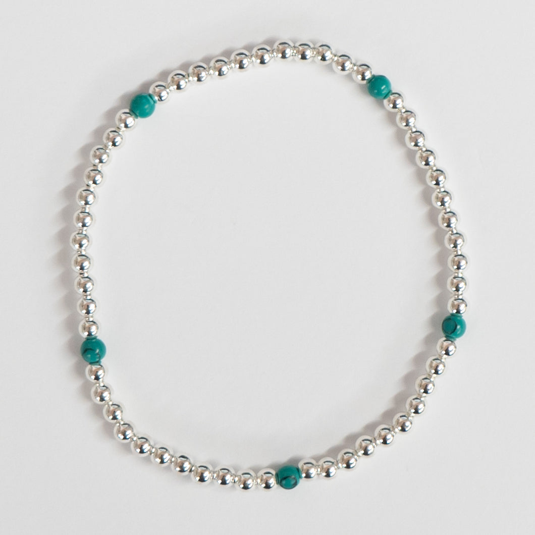 Beyond Southern Gates Contemporary Sterling Silver & Green Turquoise Elastic Bead Bracelet, 3MM