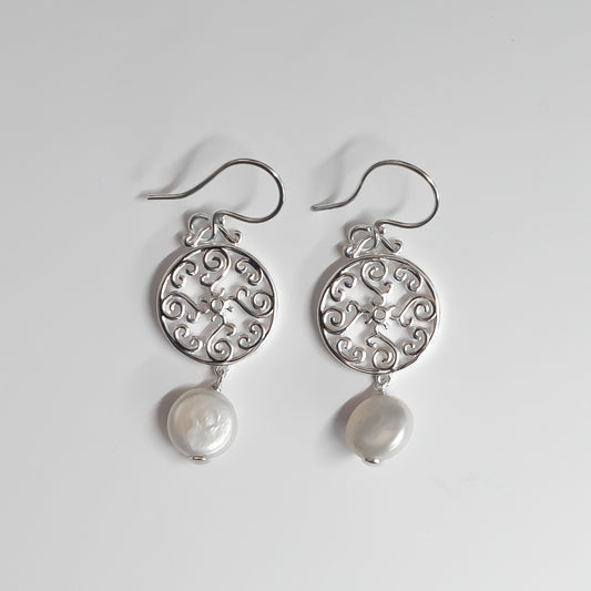 Art Deco Filigree Dangle Earrings with Coin Pearls - Sample