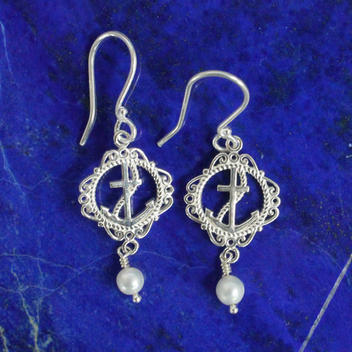 Beyond Southern Gates Silver Handwrought Nautical Anchor Earrings with Pearls