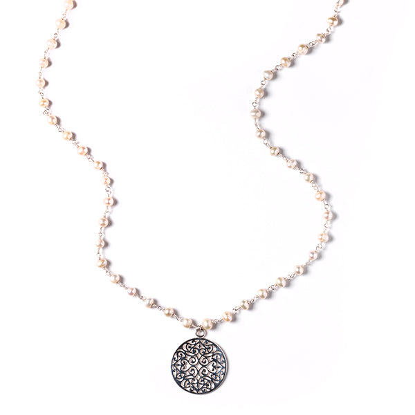 Beyond Southern Gates Handwrought White Pearl Necklace with Filigree Pendant