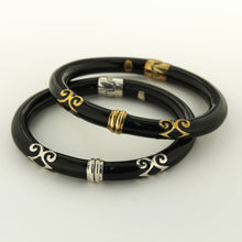 Load image into Gallery viewer, Beyond Southern Gates Large Black Enamel Bracelet with Gold Plated Accents
