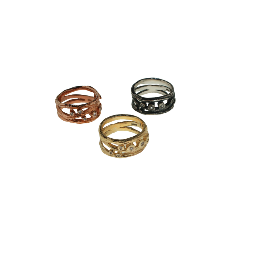 Nature Series Stacked Twig Ring with Cubic Zirconia. Rose Gold Plate, Gold Plate, Oxidized