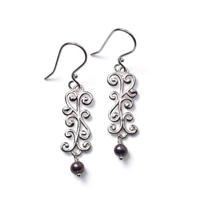 Beyond Southern Gates Silver Handwrought Swirl Earrings with Grey Pearls