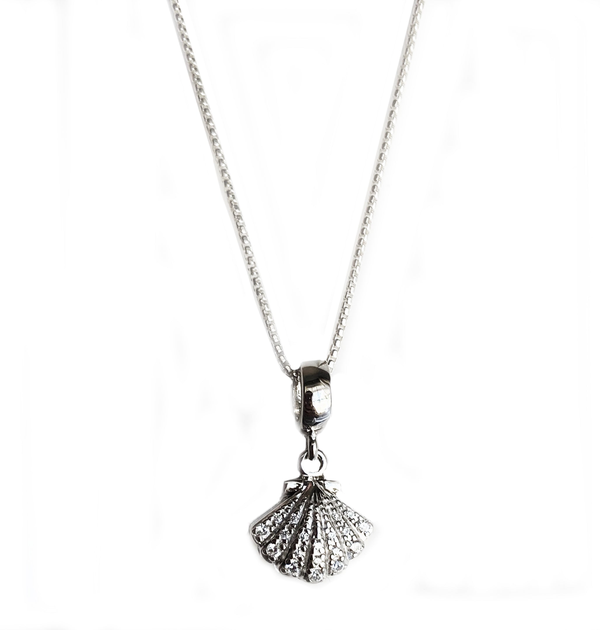 Charm Necklace, Silver Seashell with White Pearl