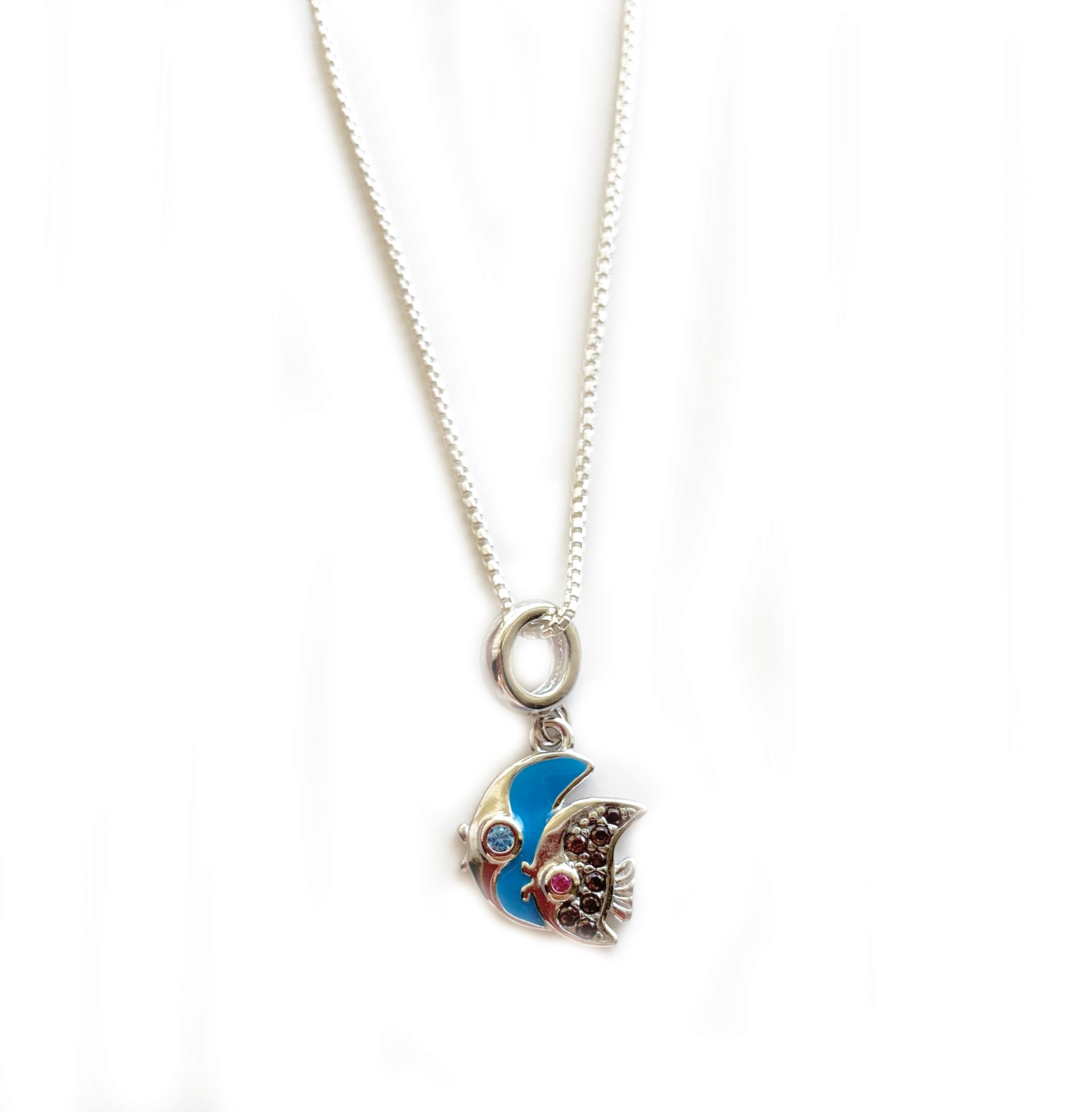 Charm Necklace, Double Fish Charm with Blue Enamel & Red Stones