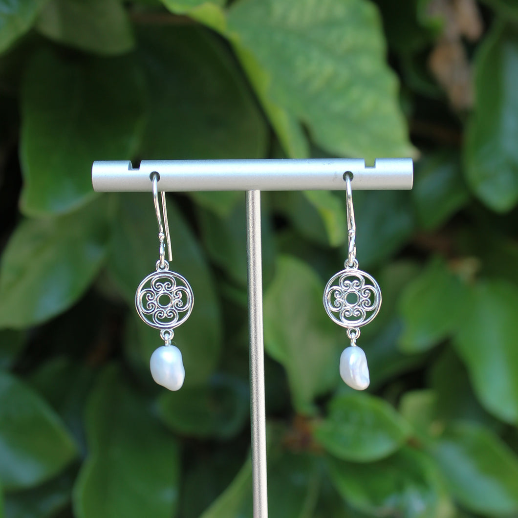 Beyond Southern Gates Silver Ornamental Dangle Earrings w/Baroque Pearl