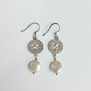 Beyond Southern Gates Handwrought Silver Dogwood Earrings with White Pearls