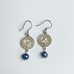 Beyond Southern Gates Handwrought Silver Dogwood Earrings with Grey Pearls